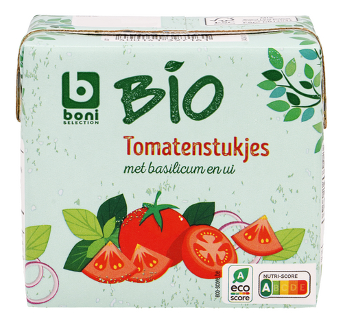 BONI BIO tomatenstukjes basil.ui 500g