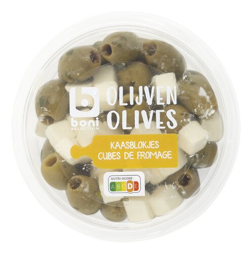 BONI groene olijven kaasblokjes 150g