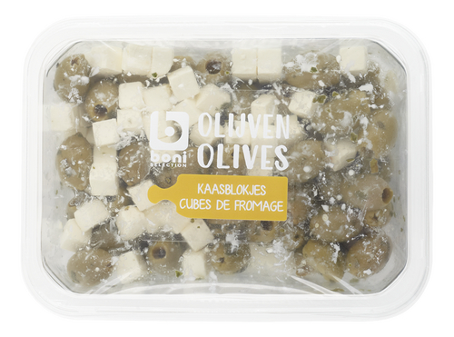 BONI groene olijven kaasblokjes 400g