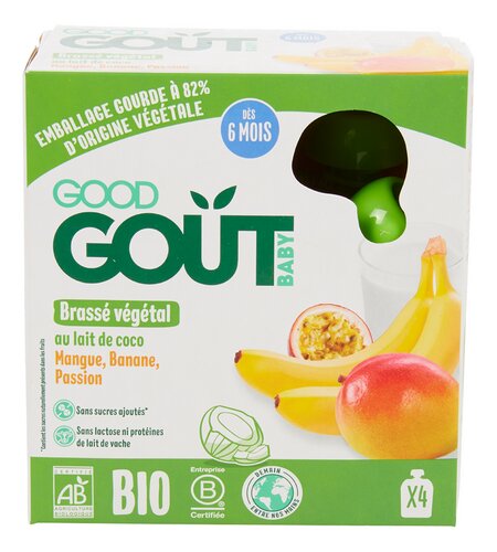 Good Goût Alimentation pour bébés Lait de coco, Mangue, Banane, Passion, +6 mois 4x85g Sachet