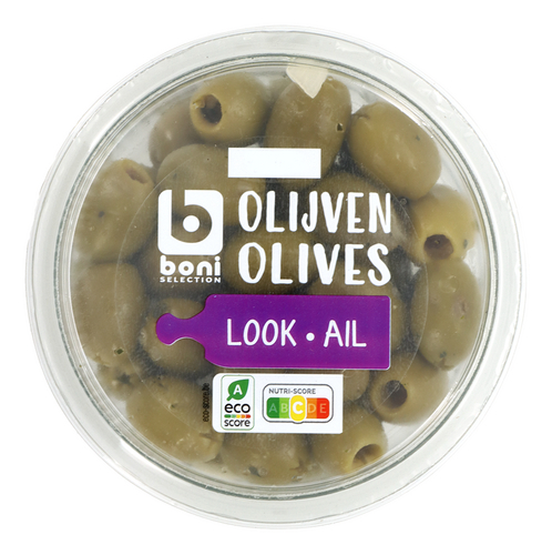 BONI groene olijven met look 150g